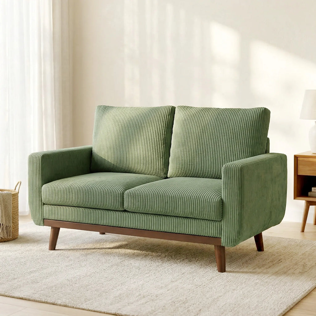 Šviesioje svetainėje su lempa ir užuolaidomis stovi žalia dvivietė sofa