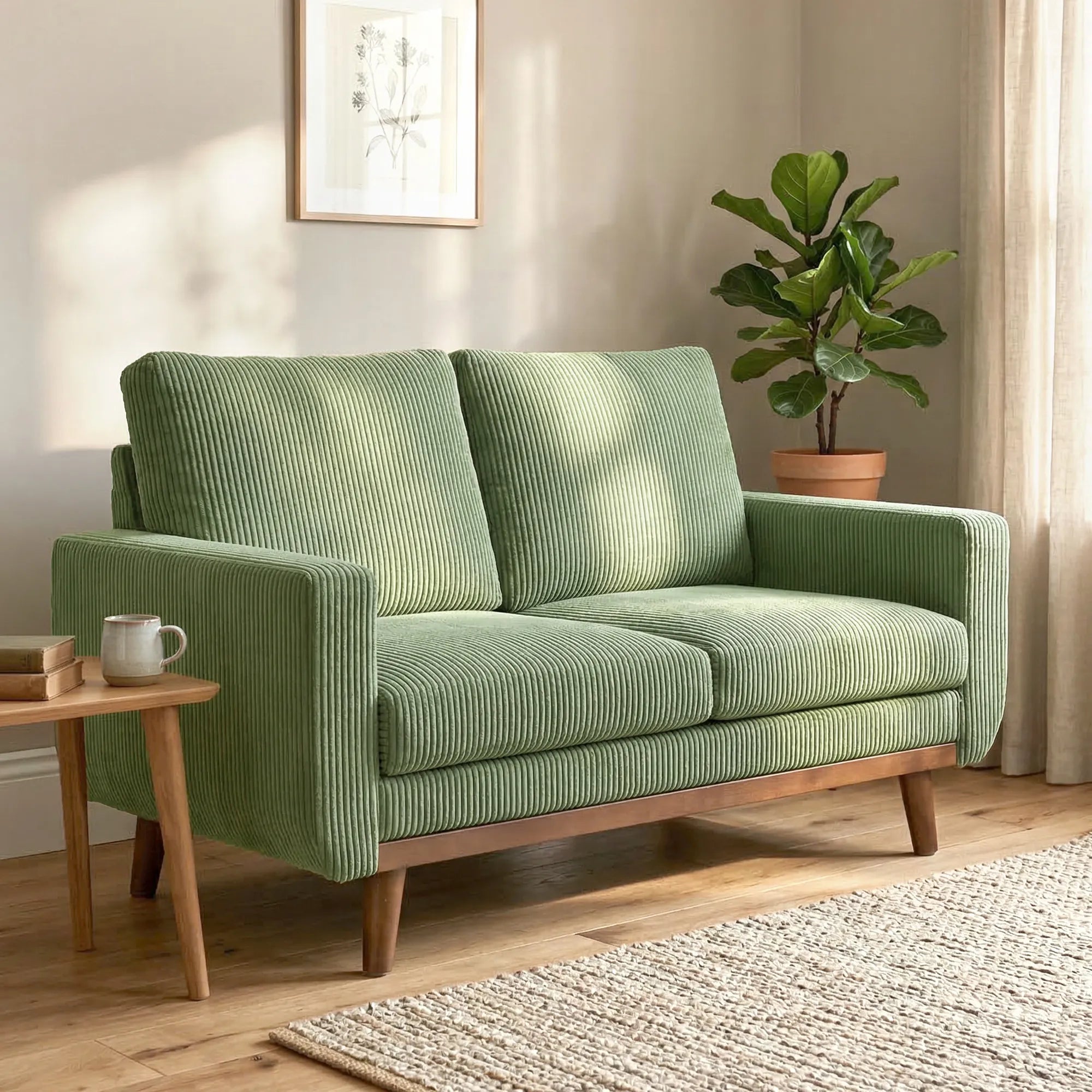 Dvivietė sofa, 134 cm pločio, su cord audiniu ir medinėmis kojomis, žalia