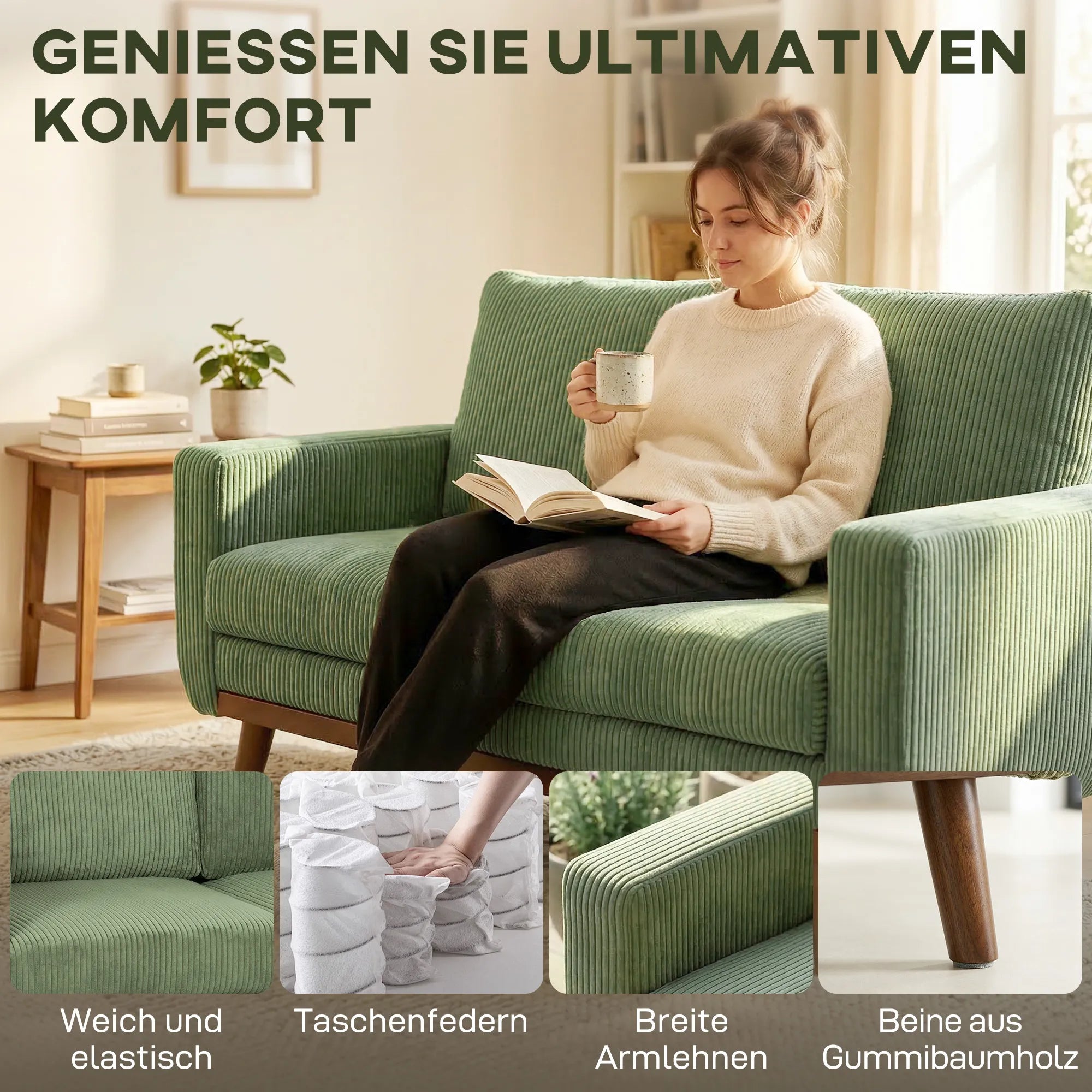 Dvivietė sofa, 134 cm pločio, su cord audiniu ir medinėmis kojomis, žalia