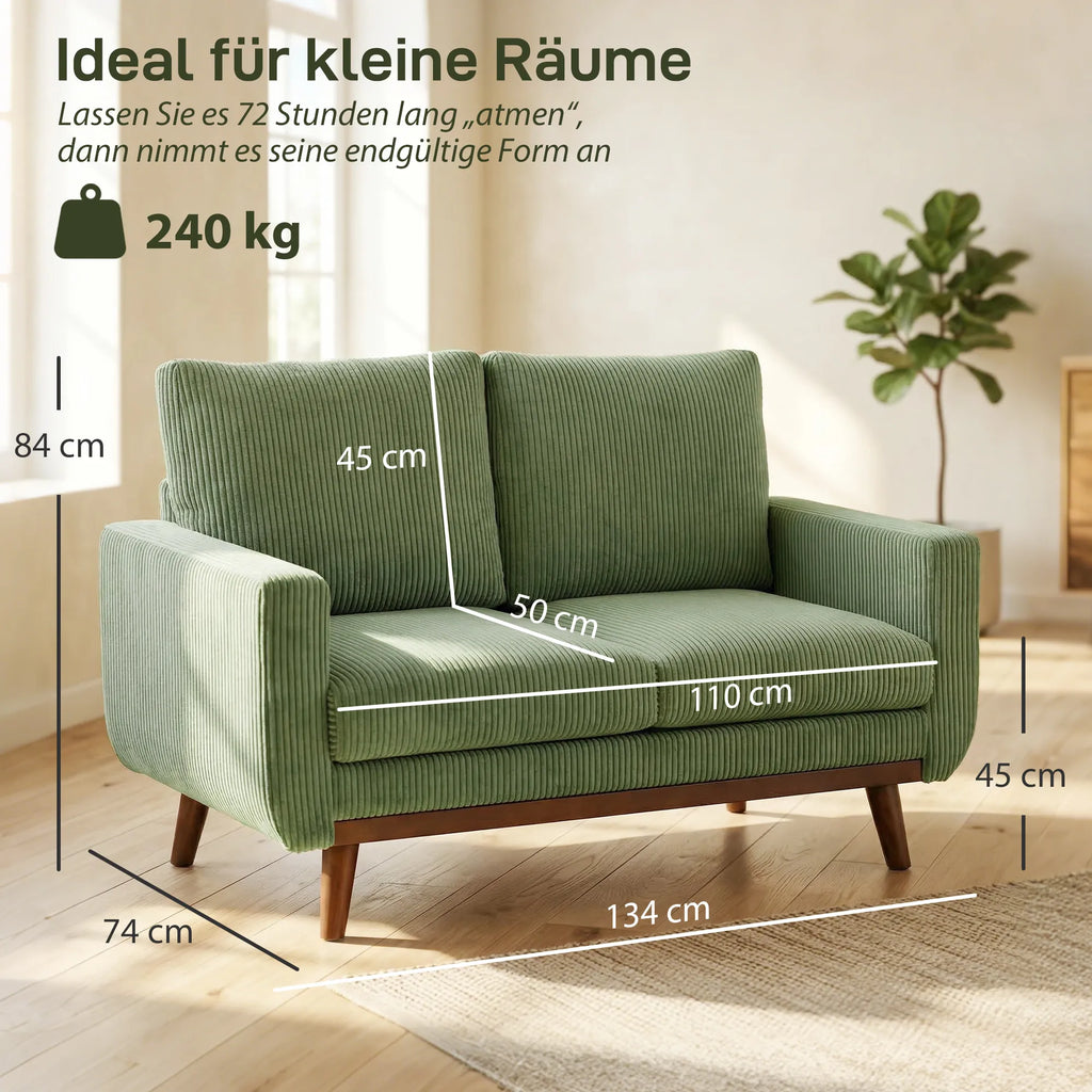 Dvivietė sofa, 134 cm pločio, su cord audiniu ir medinėmis kojomis, žalia