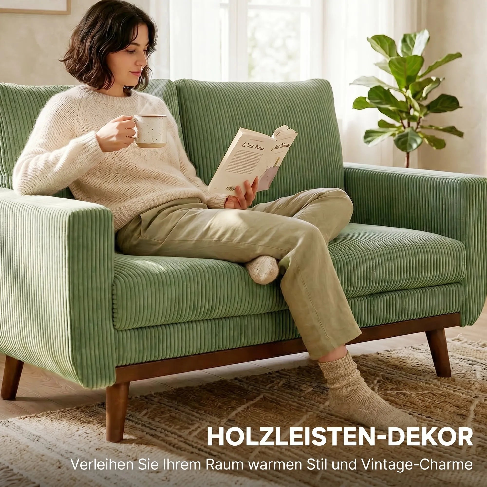 Dvivietė sofa, 134 cm pločio, su cord audiniu ir medinėmis kojomis, žalia