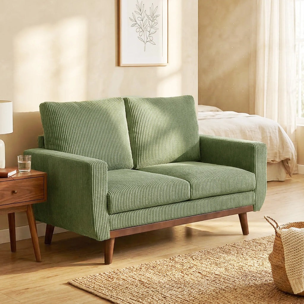 Dvivietė sofa, 134 cm pločio, su cord audiniu ir medinėmis kojomis, žalia