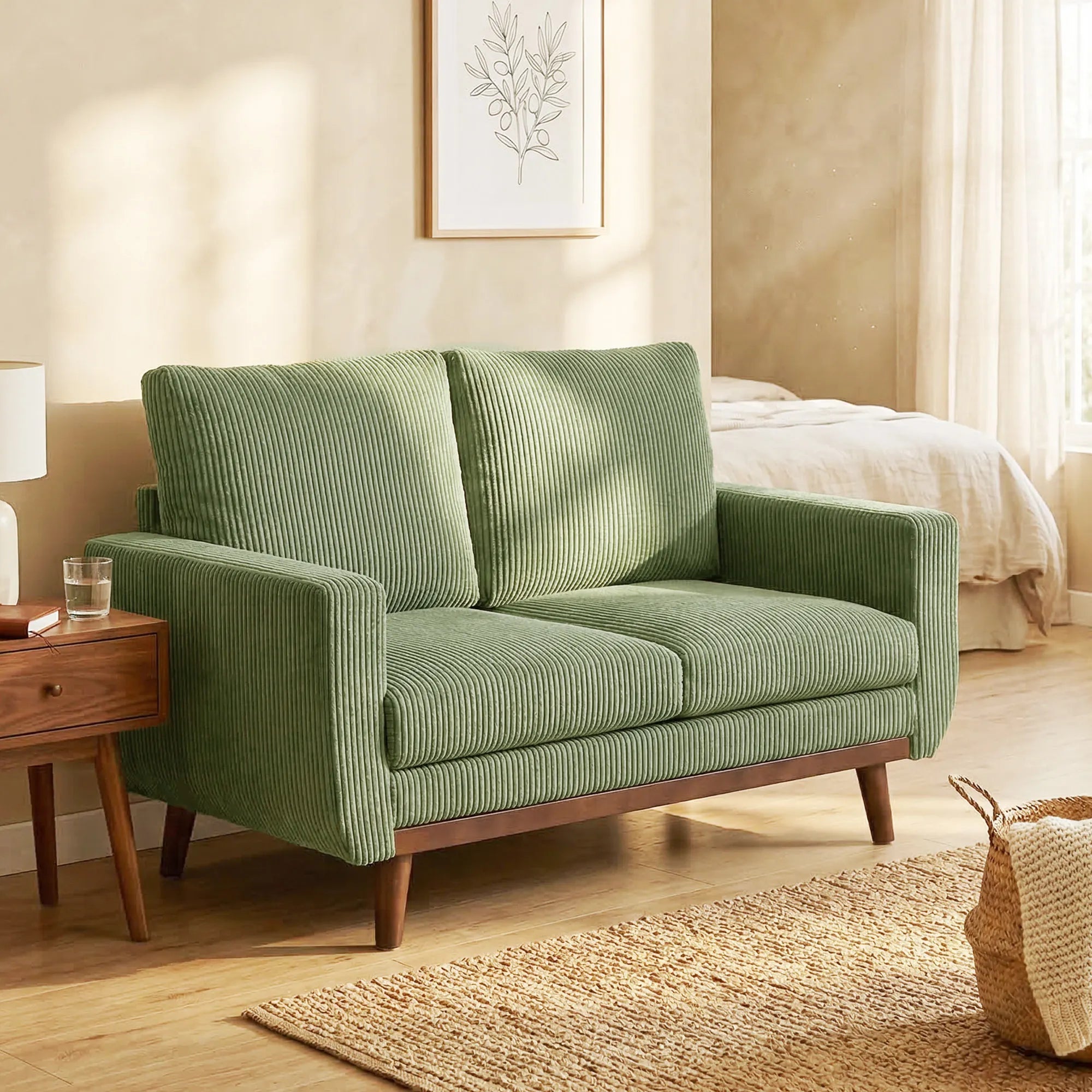 Dvivietė sofa, 134 cm pločio, su cord audiniu ir medinėmis kojomis, žalia