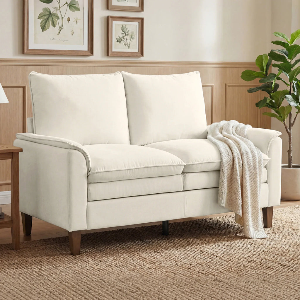 Dvivietė sofa 146 cm, šenilinė, su dvigubu paminkštinimu, iki 250 kg, kreminė