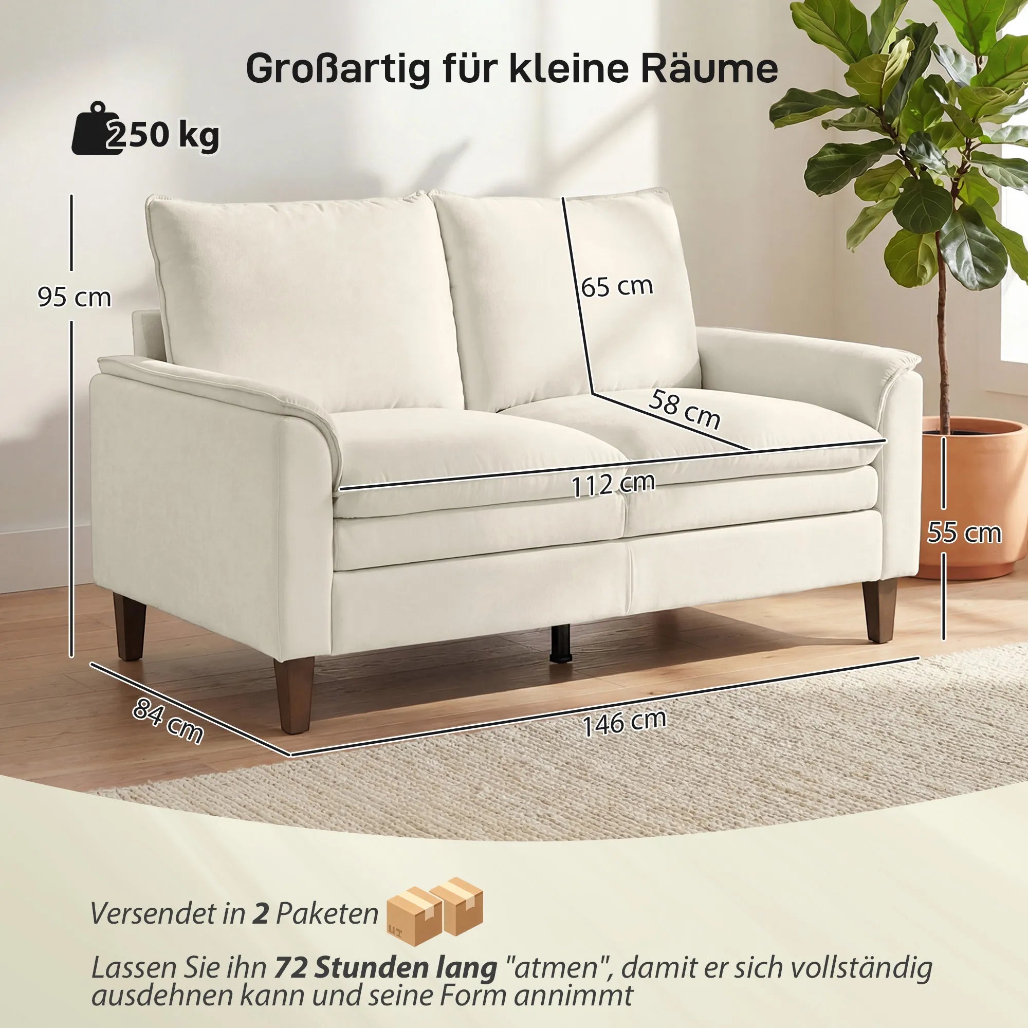 Dvivietė sofa 146 cm, šenilinė, su dvigubu paminkštinimu, iki 250 kg, kreminė