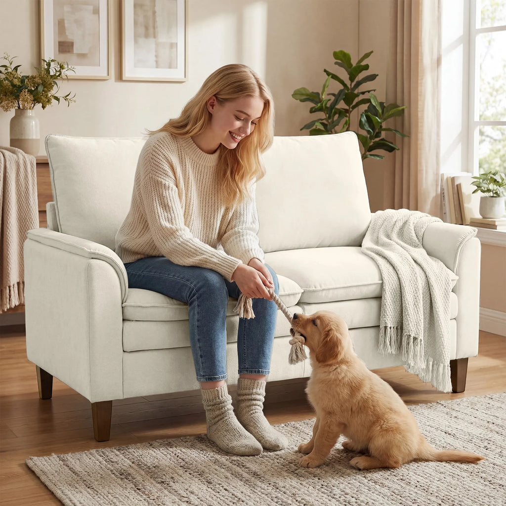 Dvivietė sofa 146 cm, šenilinė, su dvigubu paminkštinimu, iki 250 kg, kreminė