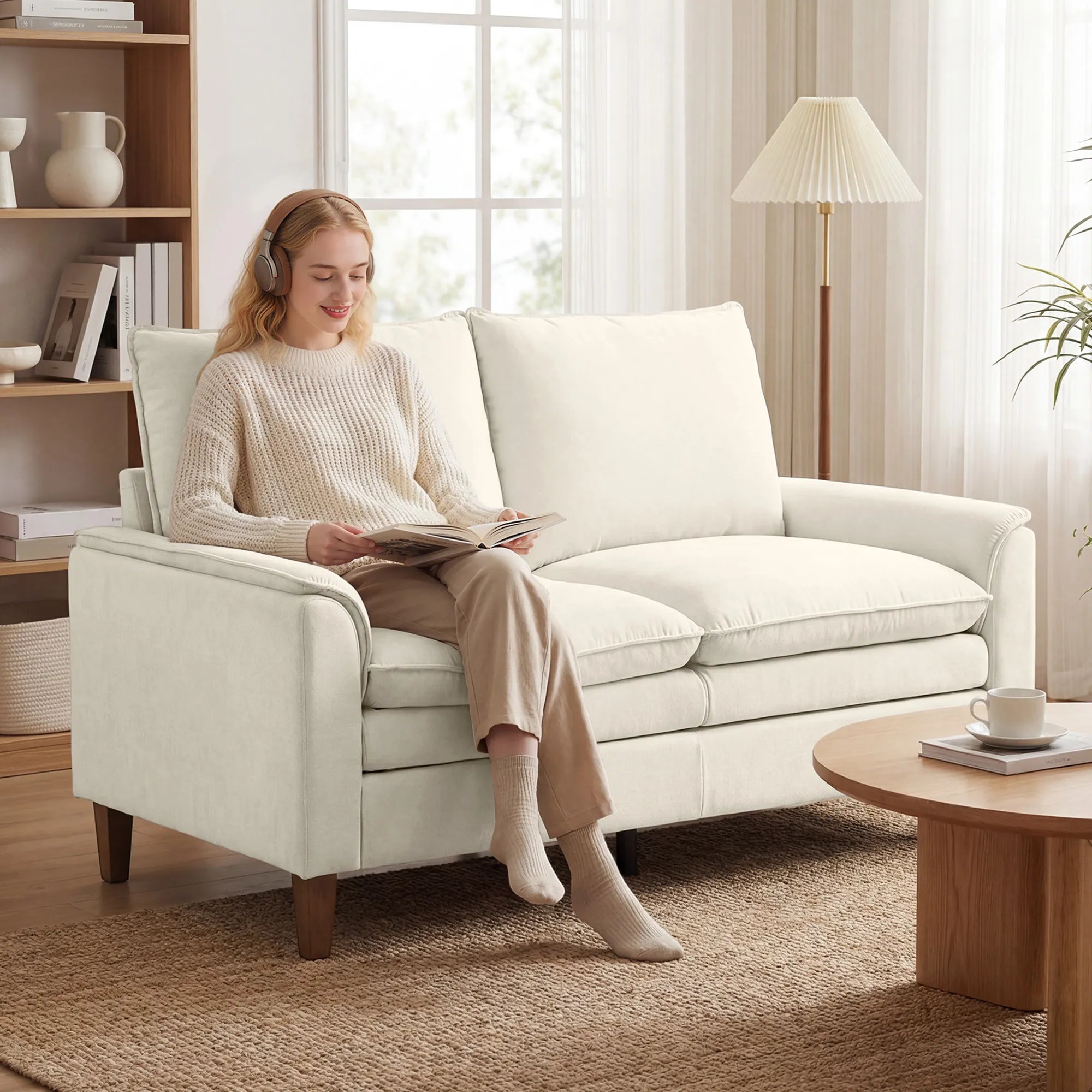 Dvivietė sofa 146 cm, šenilinė, su dvigubu paminkštinimu, iki 250 kg, kreminė