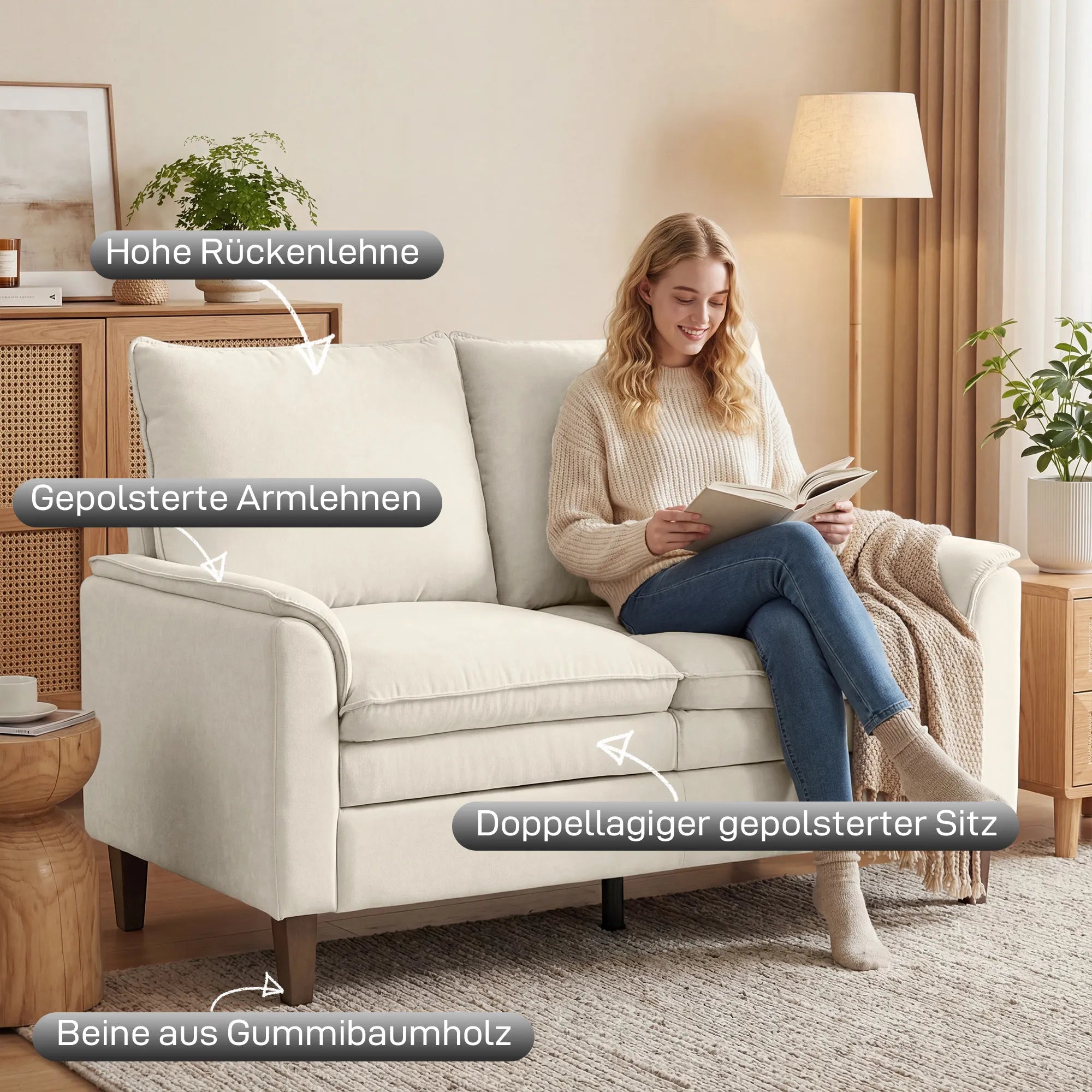 Dvivietė sofa 146 cm, šenilinė, su dvigubu paminkštinimu, iki 250 kg, kreminė