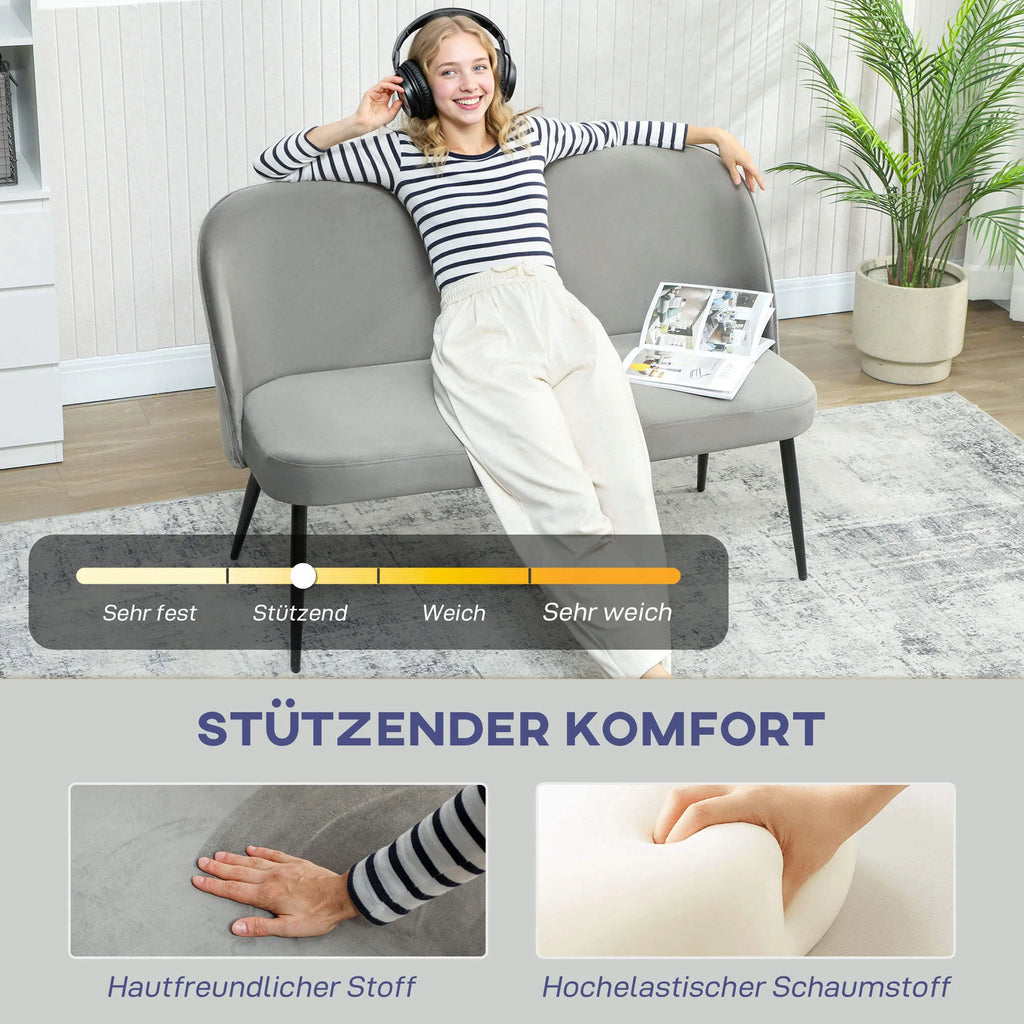 Dvivietė sofa, aksominio paviršiaus minkštas baldas, pilka
