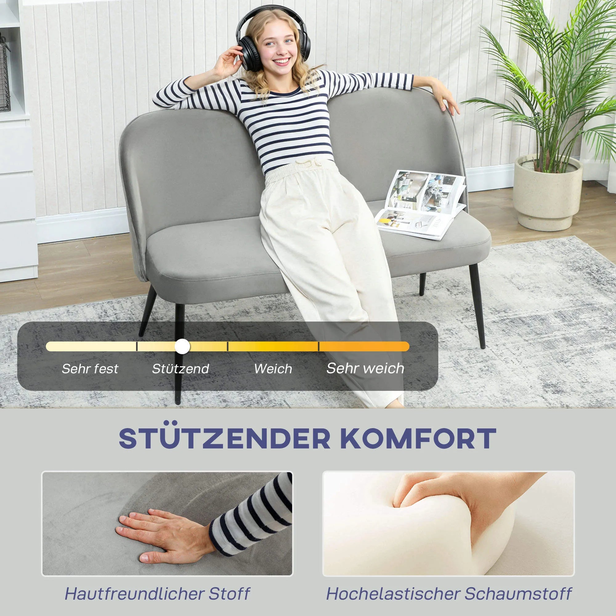 Dvivietė sofa, aksominio paviršiaus minkštas baldas, pilka