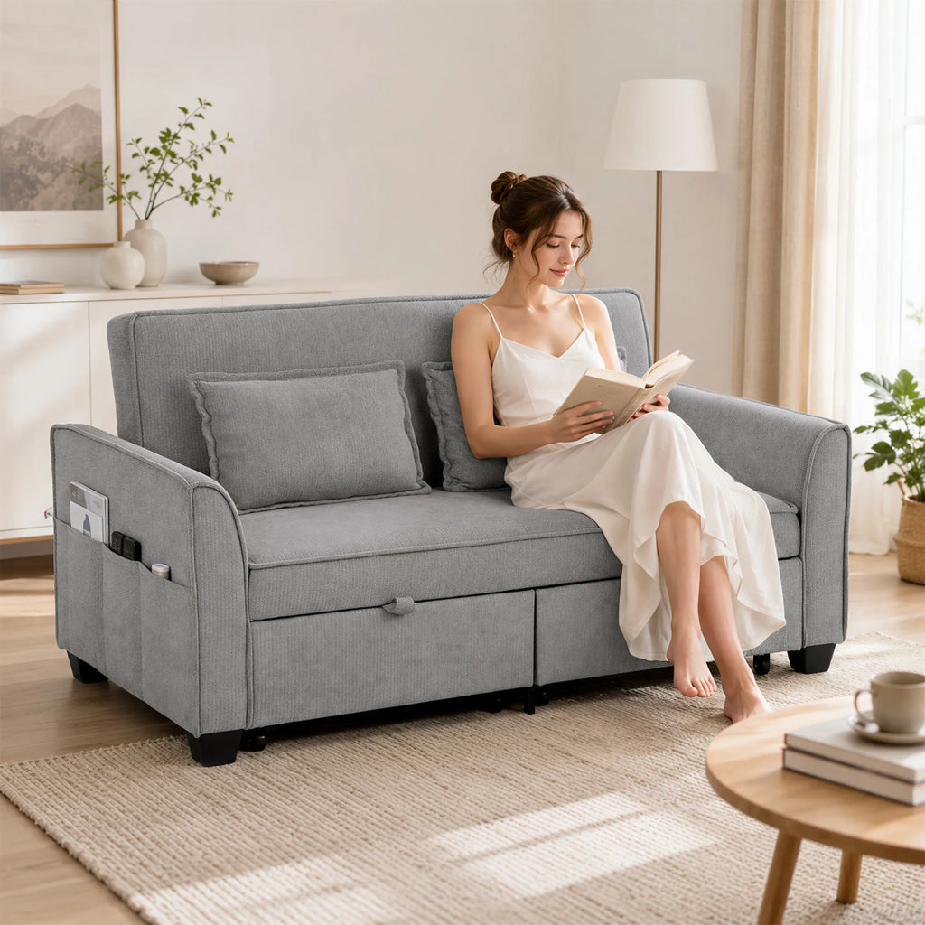Dvivietė sofa lova, 4 viename, L formos, su reguliuojamu atlošu, pilka