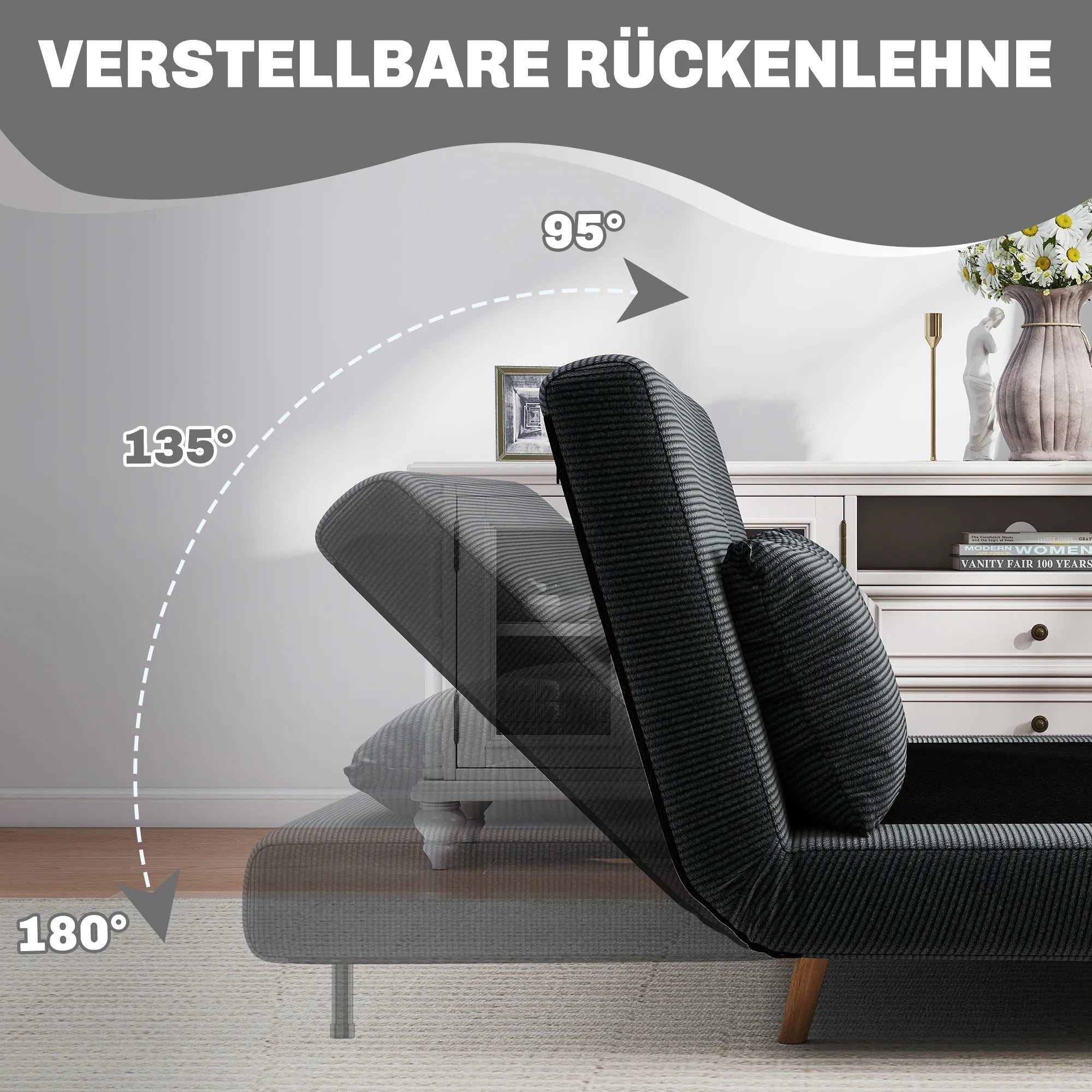 Dvivietė sofa-lova, reguliuojama, 141 x 90 x 81 cm, tamsiai pilka