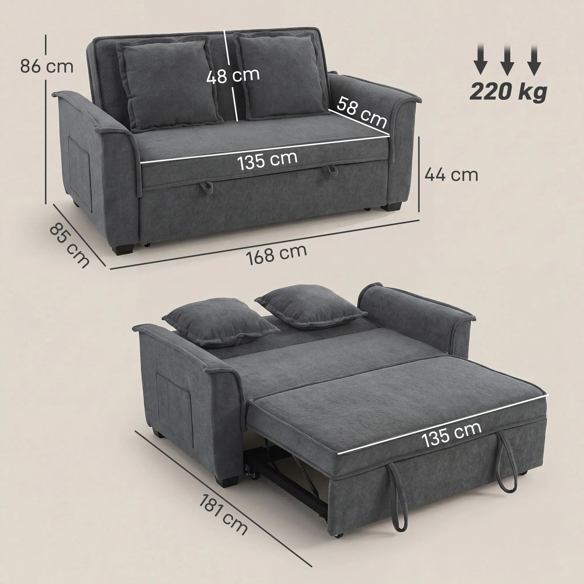 Dvivietė sofa-lova su reguliuojama atlošo padėtimi, tamsiai pilka