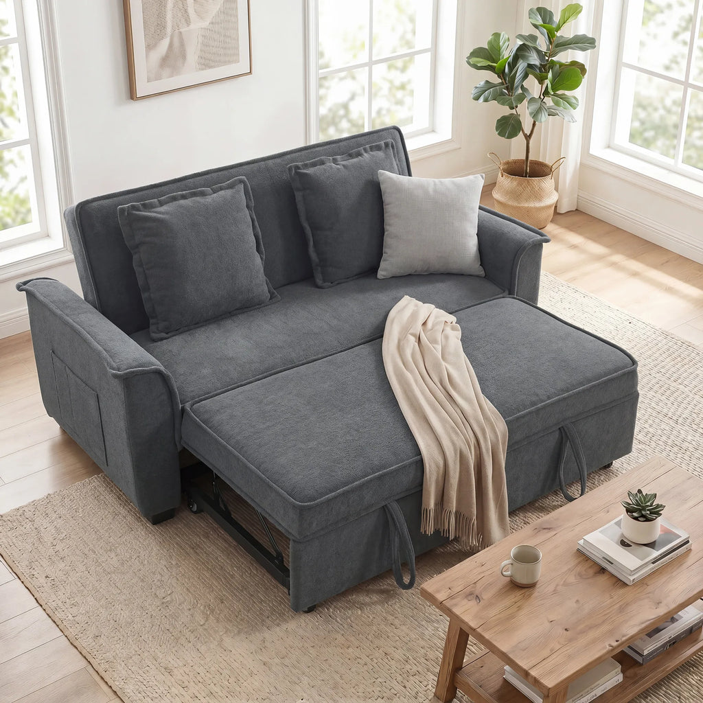 Dvivietė sofa-lova su reguliuojama atlošo padėtimi, tamsiai pilka