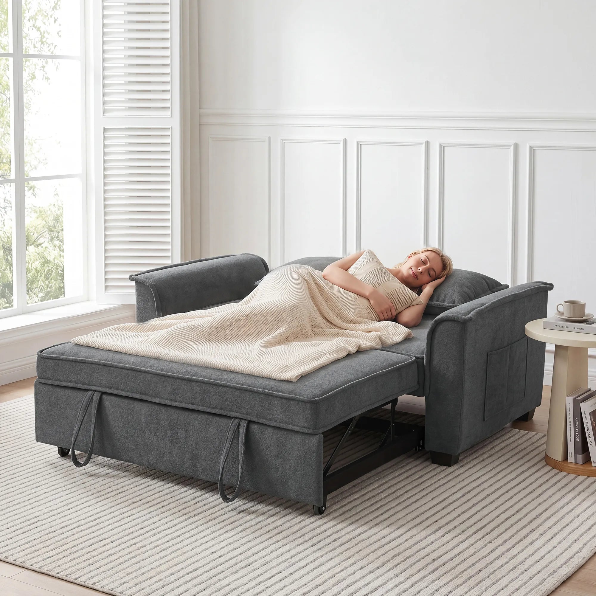Dvivietė sofa-lova su reguliuojama atlošo padėtimi, tamsiai pilka