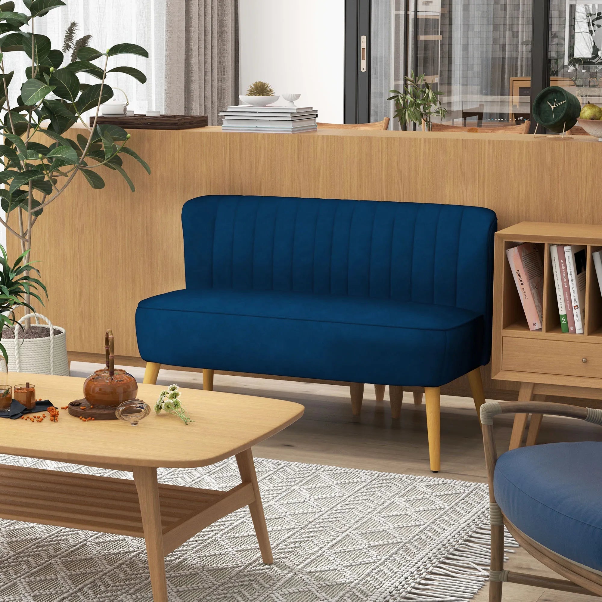 Dvivietė sofa, modernaus dizaino, 117 cm, tamsiai mėlyna