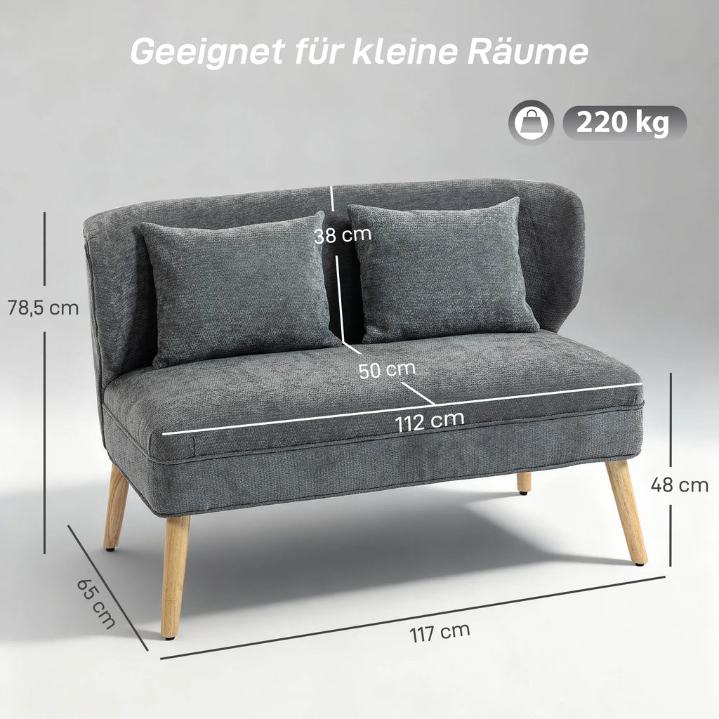 Dvivietė sofa, moderni su rėmu iš kaučiukmedžio, 117 cm, pilka