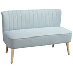 Šviesiai mėlyna dvivietė sofa su dryžuotu atlošu ir medinėmis kojomis