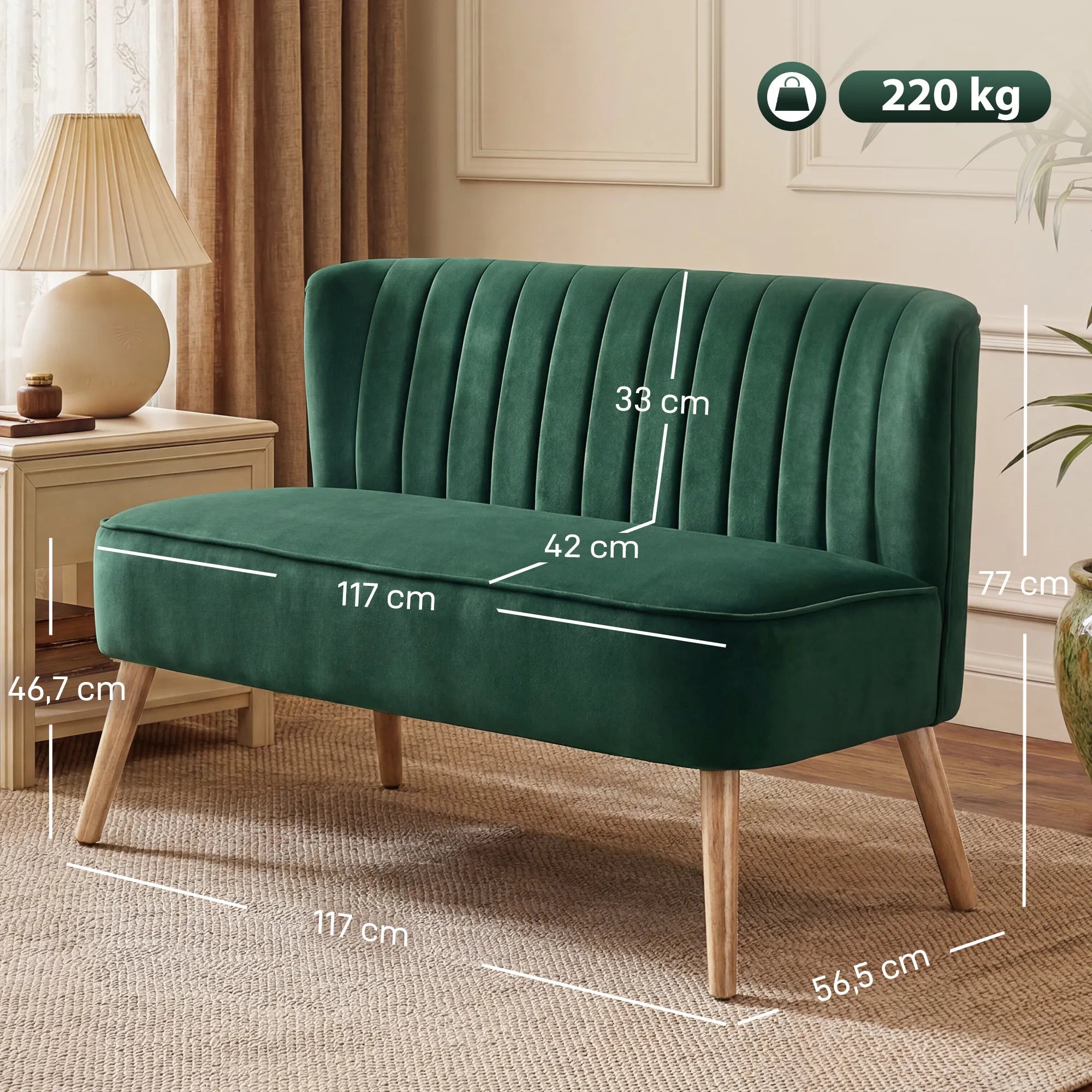 Dvivietė sofa, retro stiliaus, 117 cm, tamsiai žalia