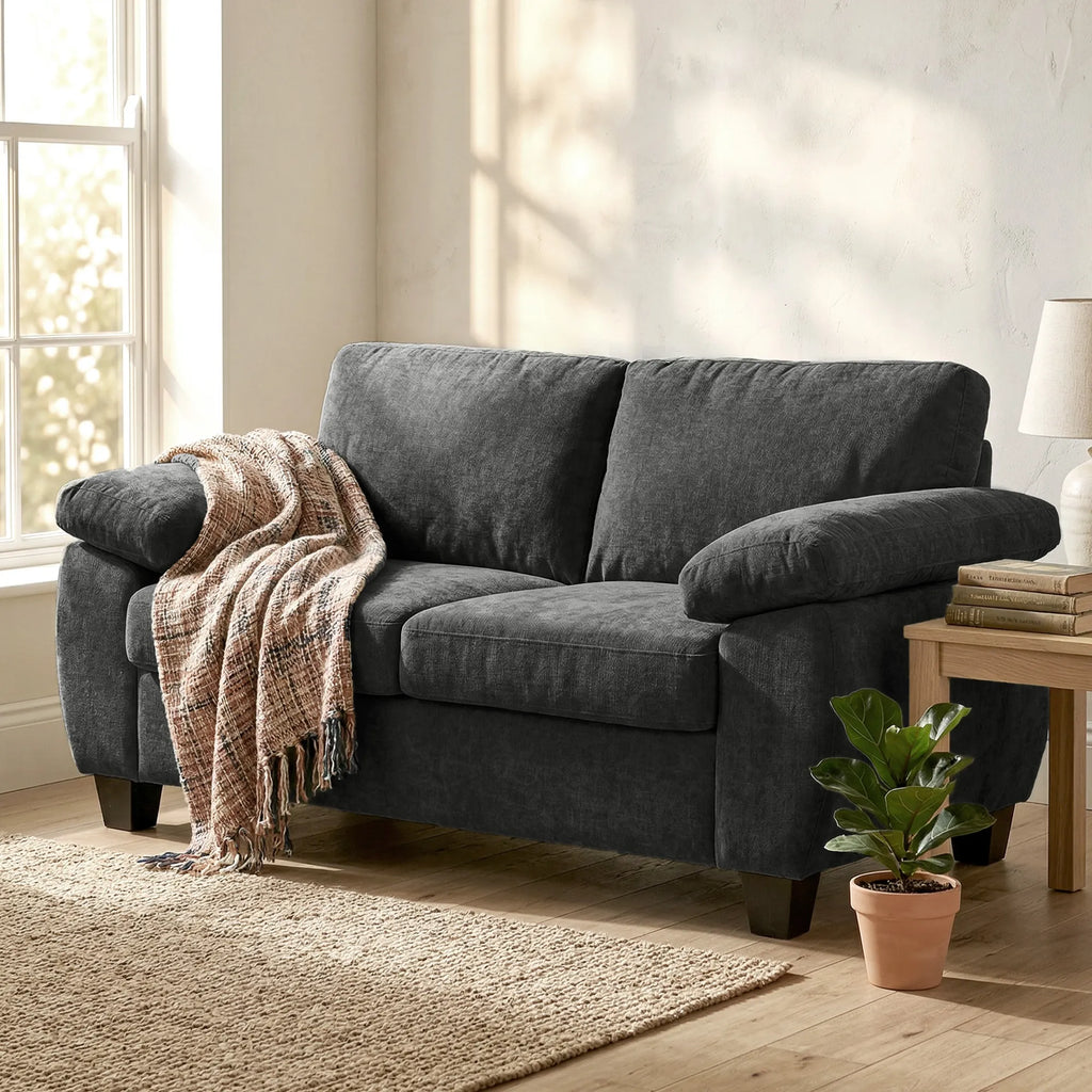 Dvivietė sofa šenilinė 156 cm su plačiais porankiais tamsiai pilka