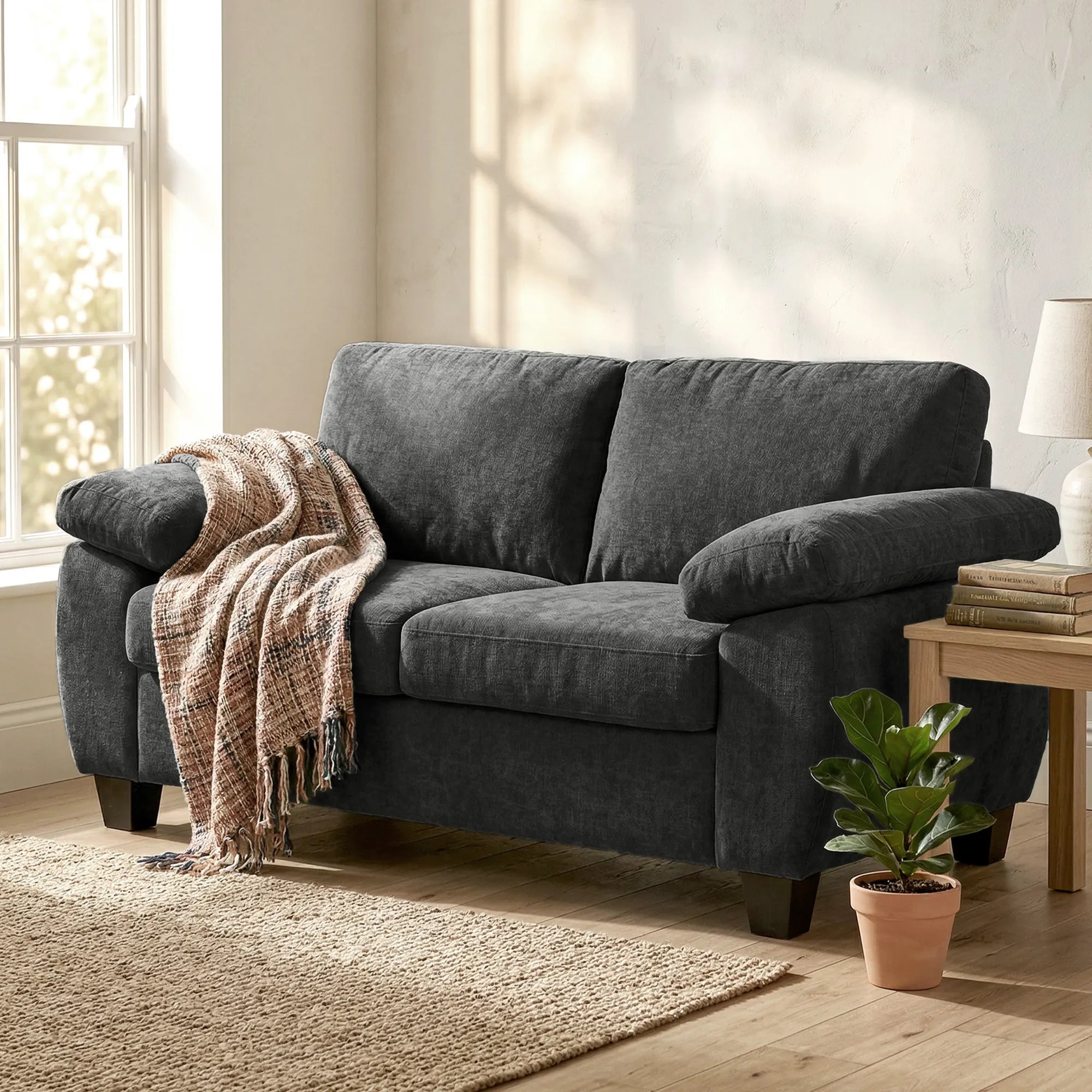 Dvivietė sofa šenilinė 156 cm su plačiais porankiais tamsiai pilka
