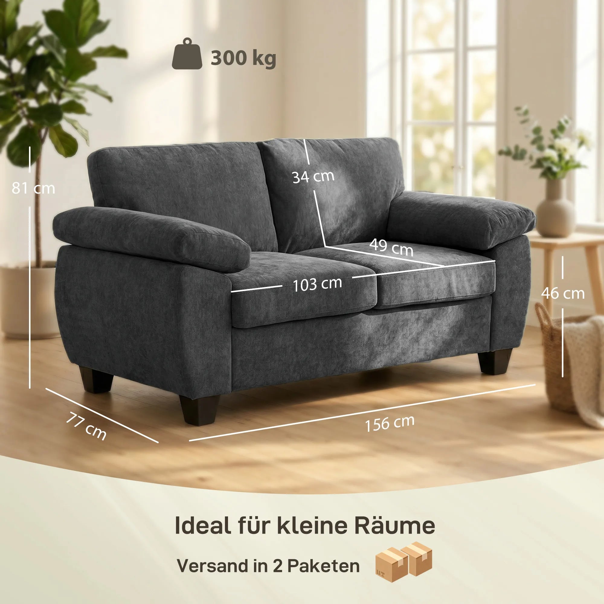 Dvivietė sofa šenilinė 156 cm su plačiais porankiais tamsiai pilka