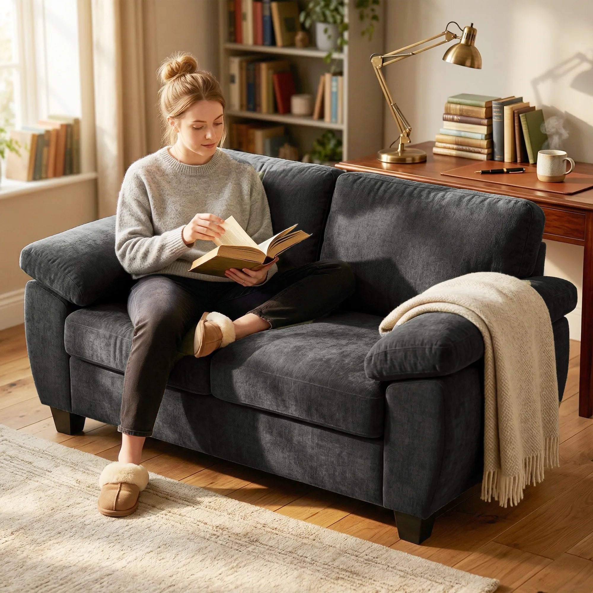 Dvivietė sofa šenilinė 156 cm su plačiais porankiais tamsiai pilka