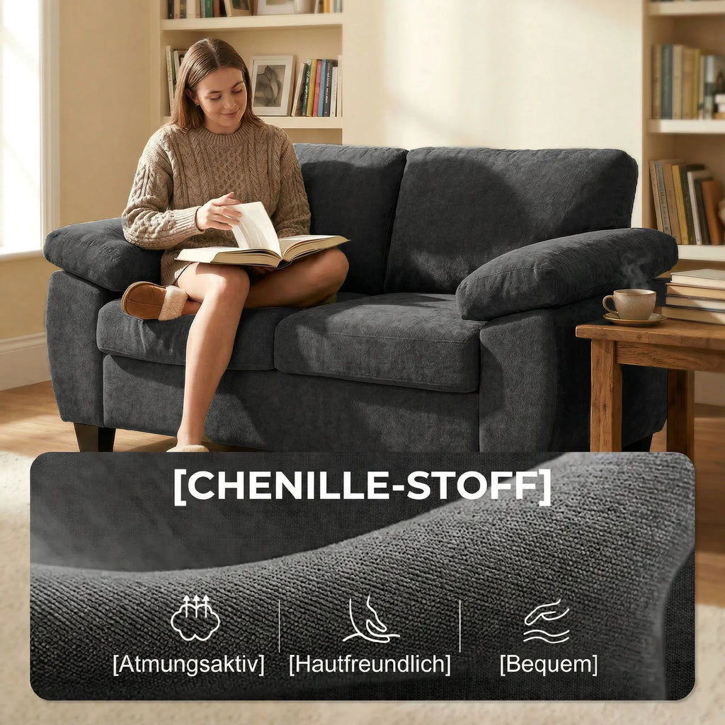 Dvivietė sofa šenilinė 156 cm su plačiais porankiais tamsiai pilka