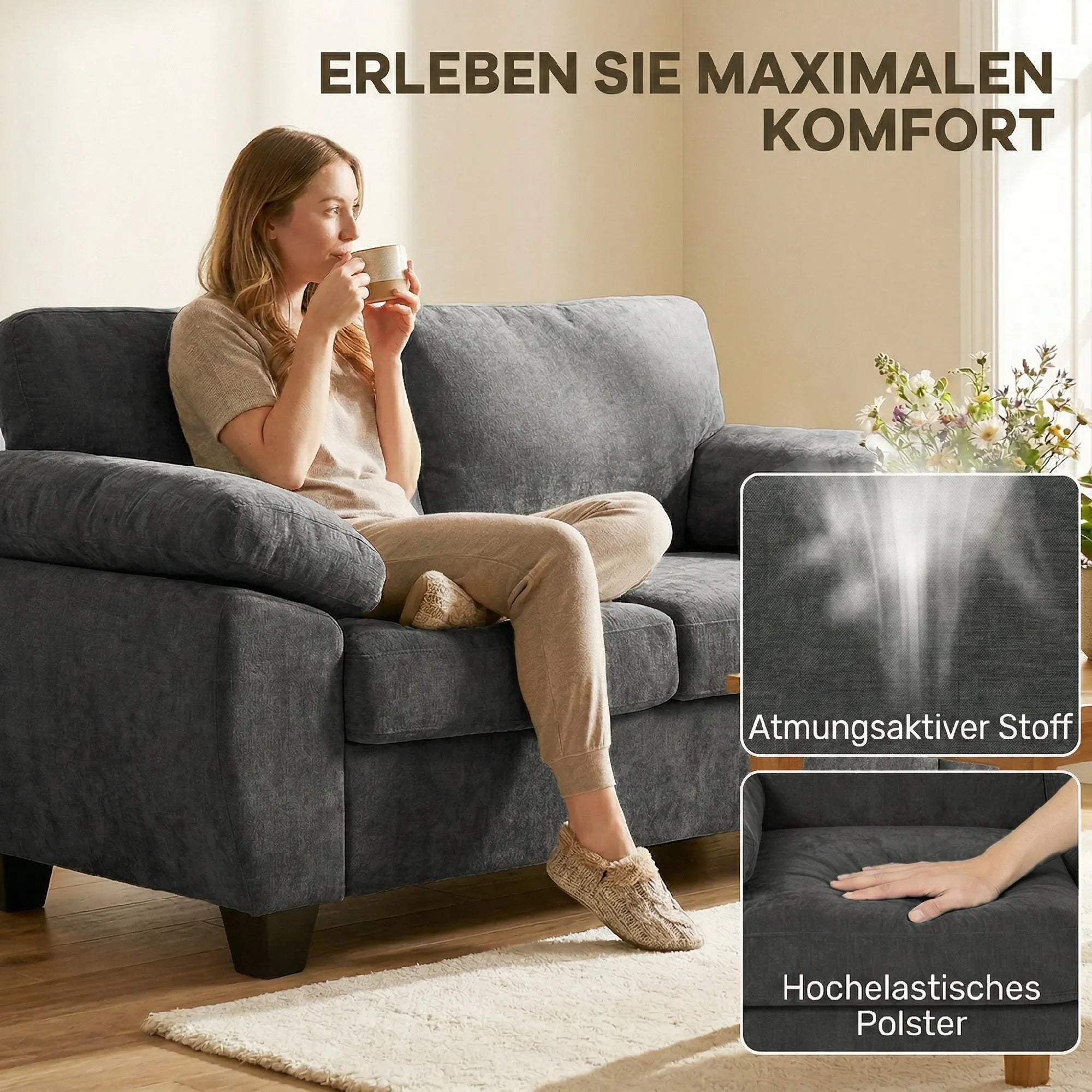 Dvivietė sofa šenilinė 156 cm su plačiais porankiais tamsiai pilka