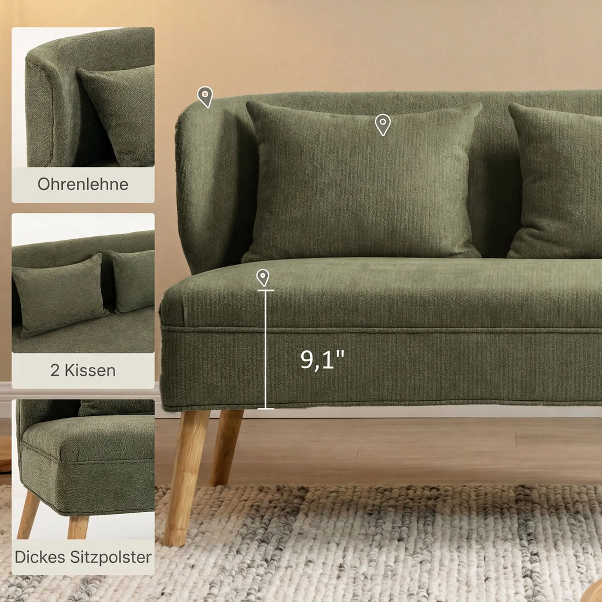 Dvivietė sofa, šenilinė, su sparno formos atlošu, tamsiai žalia