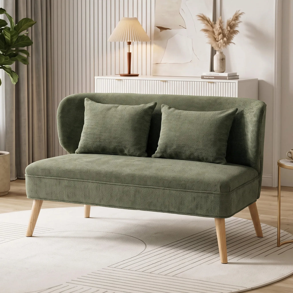 Dvivietė sofa, šenilinė, su sparno formos atlošu, tamsiai žalia