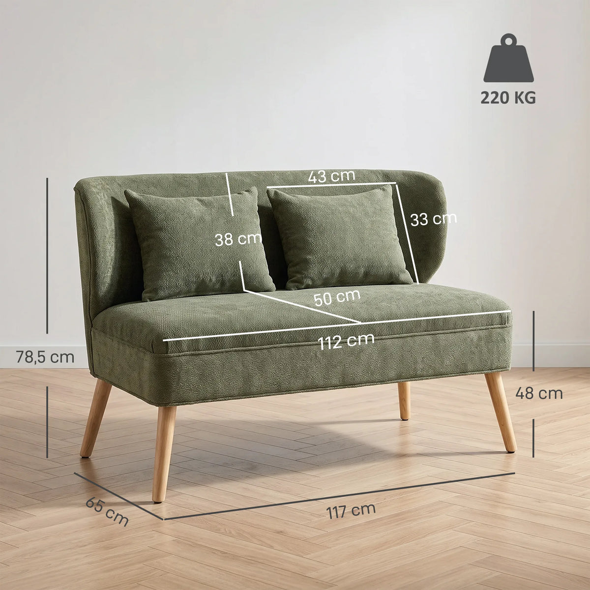 Dvivietė sofa, šenilinė, su sparno formos atlošu, tamsiai žalia