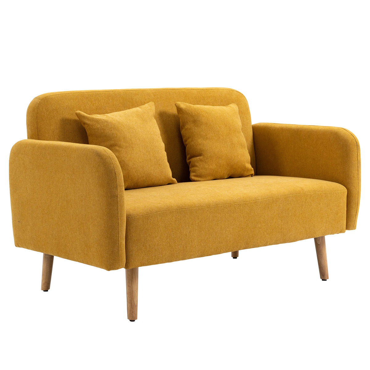 Geltona dvivietė sofa su dviem pagalvėlėmis, fotografuota iš priekio