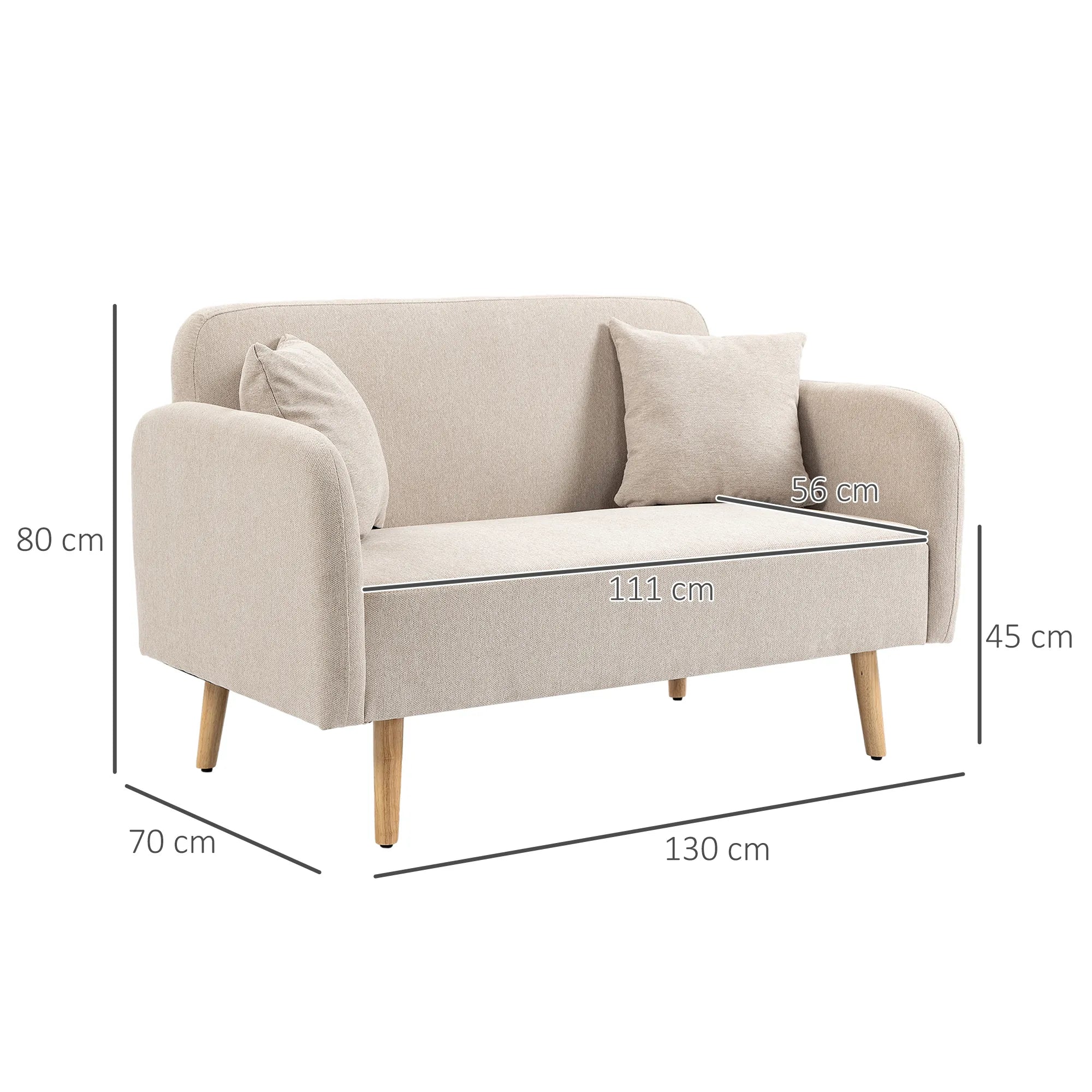 Dvivietė sofa su 2 pagalvėmis, 130x70x80 cm, kreminė