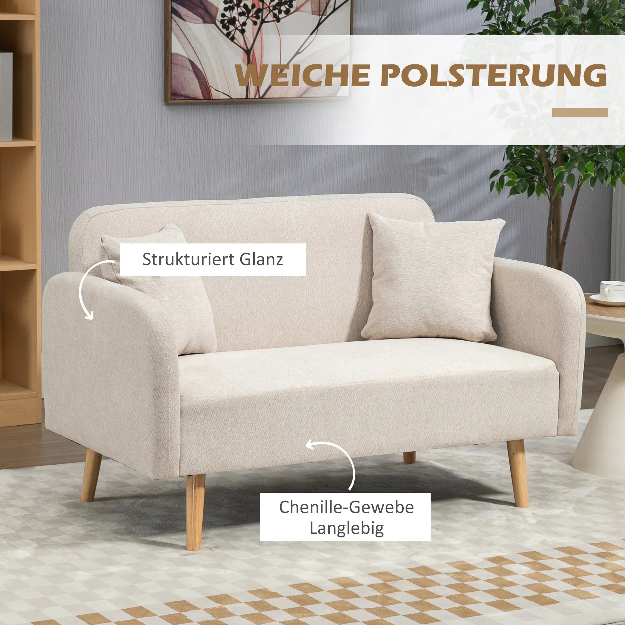 Dvivietė sofa su 2 pagalvėmis, 130x70x80 cm, kreminė