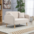 Prie lango su dirbtiniu medžiu – šviesi dvivietė sofa ant balto kilimo