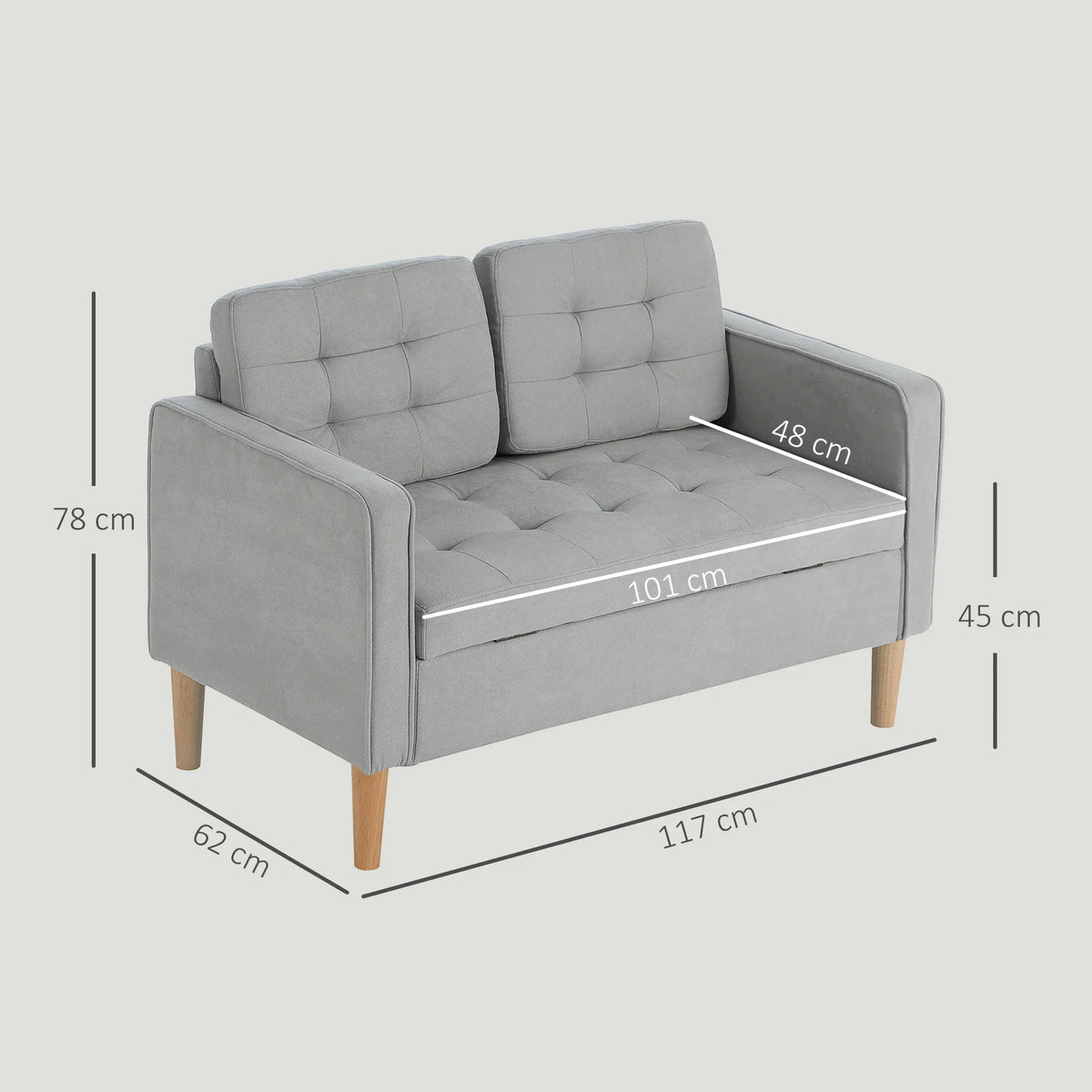 Sofos matmenų schema: aukštis 78 cm, plotis 117 cm, gylis 62 cm