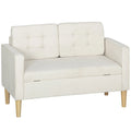 Dvivietė sofa su daiktų laikymo vieta, sagų siuvinėjimu, pagalvėlėmis, kaučiuko medžio mediena, 117x62x78 cm, kreminė balta