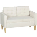 Dvivietė sofa su daiktų laikymo vieta, sagų siuvinėjimu, pagalvėlėmis, kaučiuko medžio mediena, 117x62x78 cm, kreminė balta