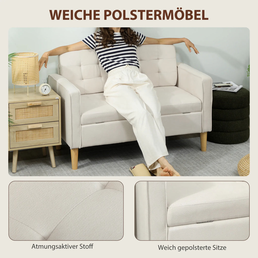 Dvivietė sofa su daiktų laikymo vieta, sagų siuvinėjimu, pagalvėlėmis, kaučiuko medžio mediena, 117x62x78 cm, kreminė balta