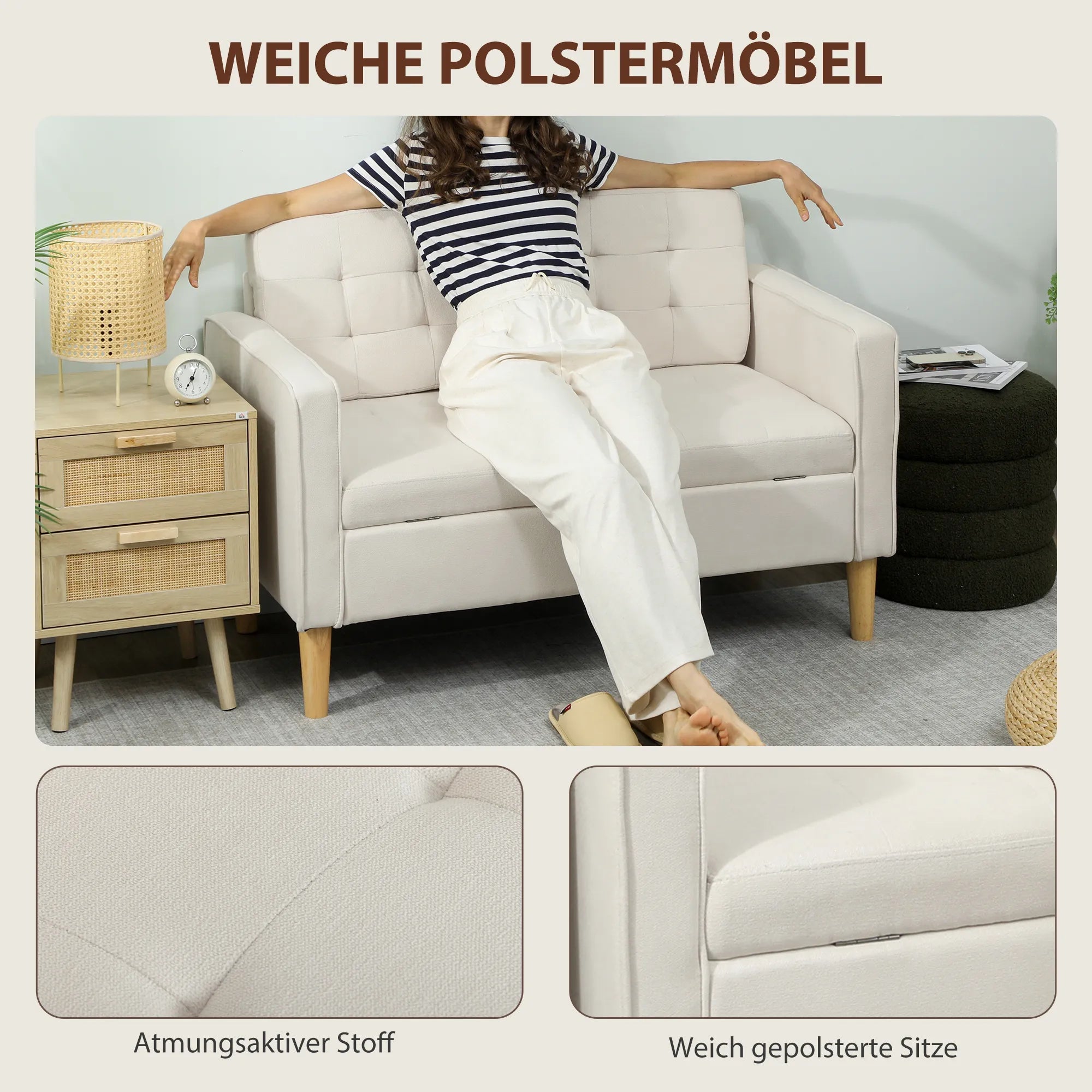 Dvivietė sofa su daiktų laikymo vieta, sagų siuvinėjimu, pagalvėlėmis, kaučiuko medžio mediena, 117x62x78 cm, kreminė balta