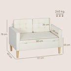 Dvivietė sofa su daiktų laikymo vieta, sagų siuvinėjimu, pagalvėlėmis, kaučiuko medžio mediena, 117x62x78 cm, kreminė balta