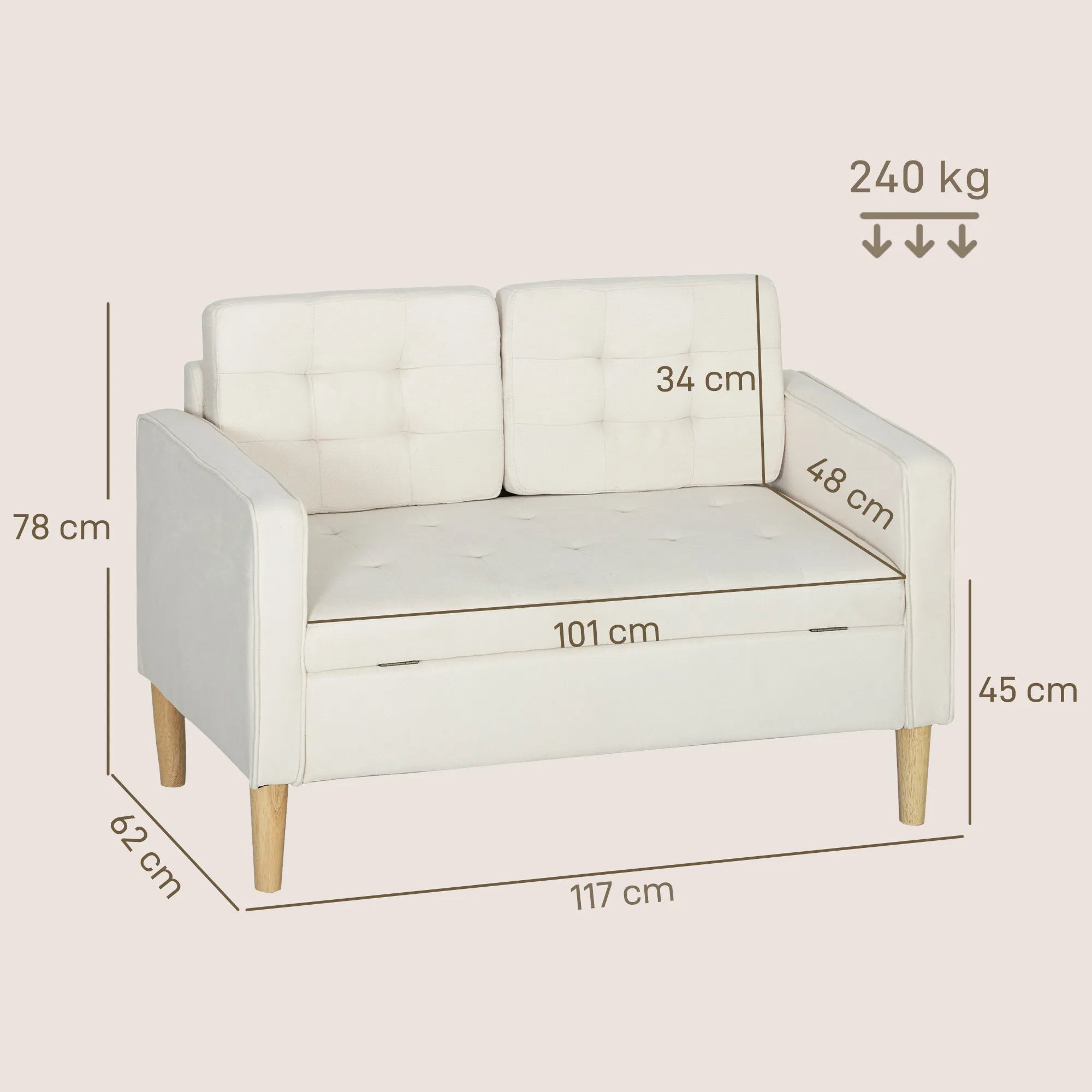Dvivietė sofa su daiktų laikymo vieta, sagų siuvinėjimu, pagalvėlėmis, kaučiuko medžio mediena, 117x62x78 cm, kreminė balta