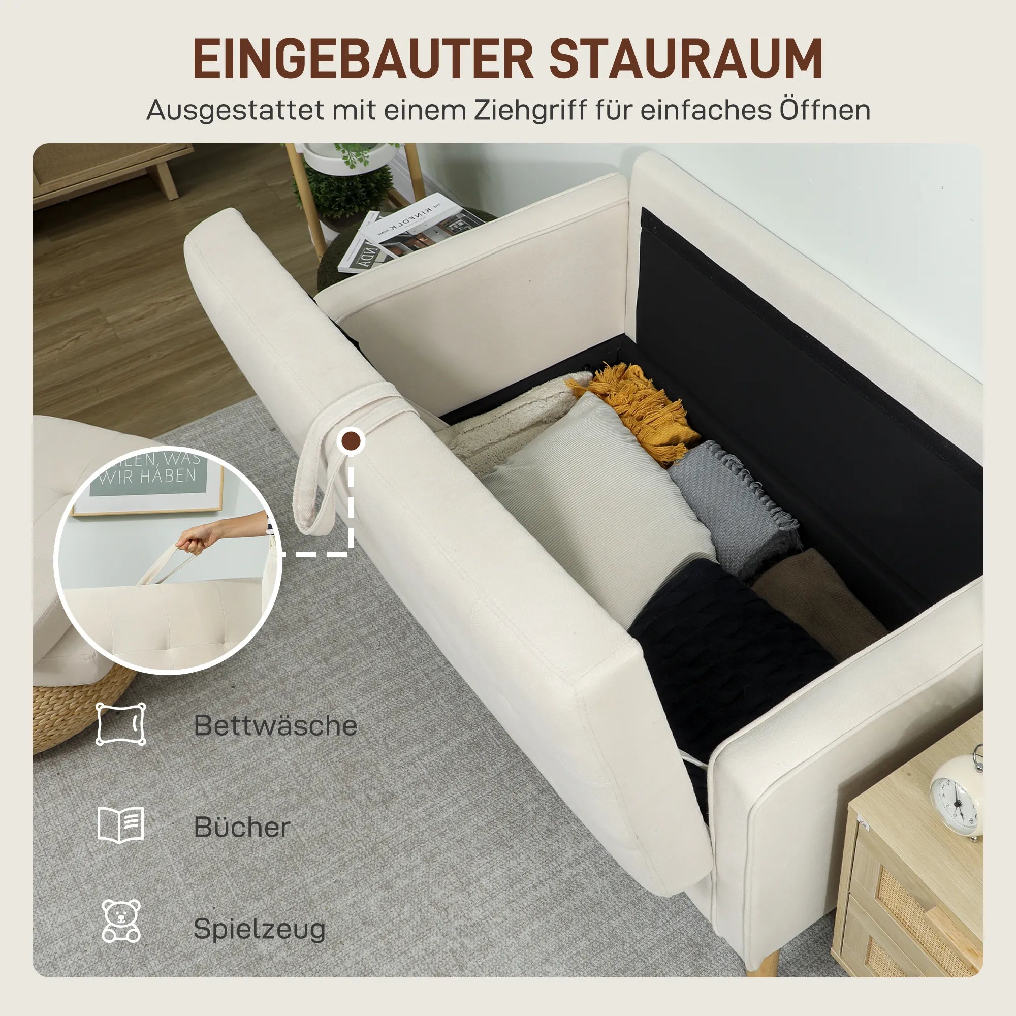 Dvivietė sofa su daiktų laikymo vieta, sagų siuvinėjimu, pagalvėlėmis, kaučiuko medžio mediena, 117x62x78 cm, kreminė balta