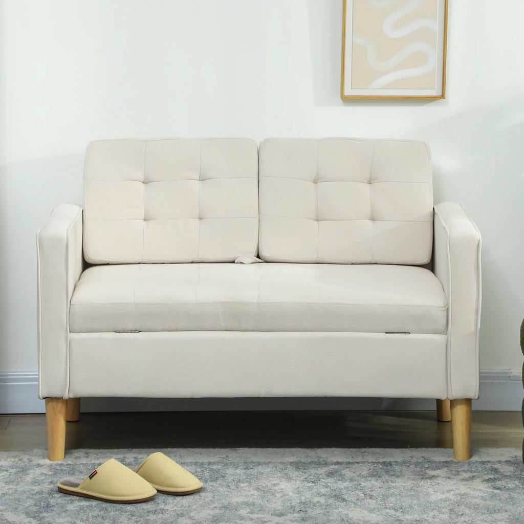 Dvivietė sofa su daiktų laikymo vieta, sagų siuvinėjimu, pagalvėlėmis, kaučiuko medžio mediena, 117x62x78 cm, kreminė balta
