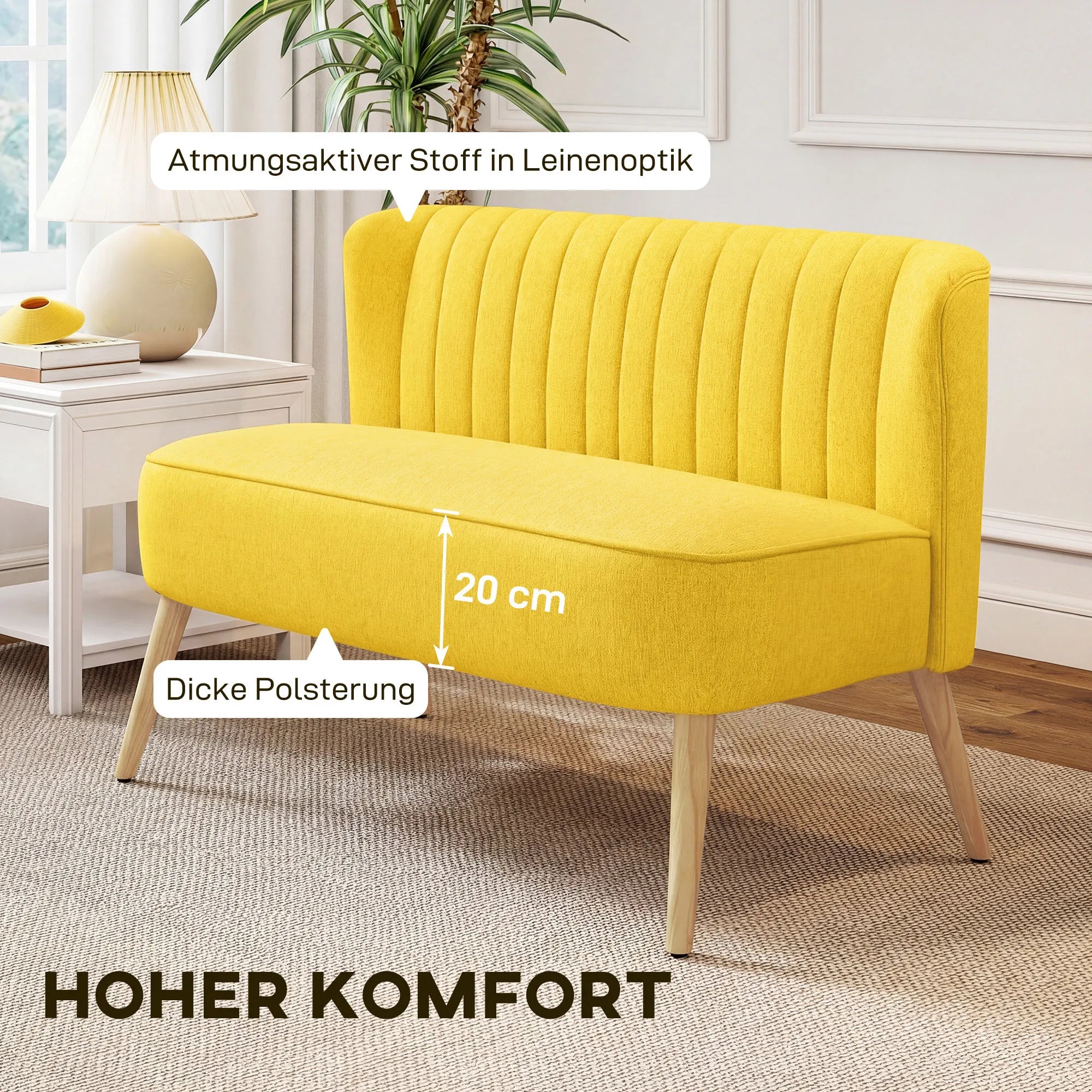 Dvivietė sofa, su paminkštinimu, iki 220 kg, 117 x 56,5 x 77 cm, geltona
