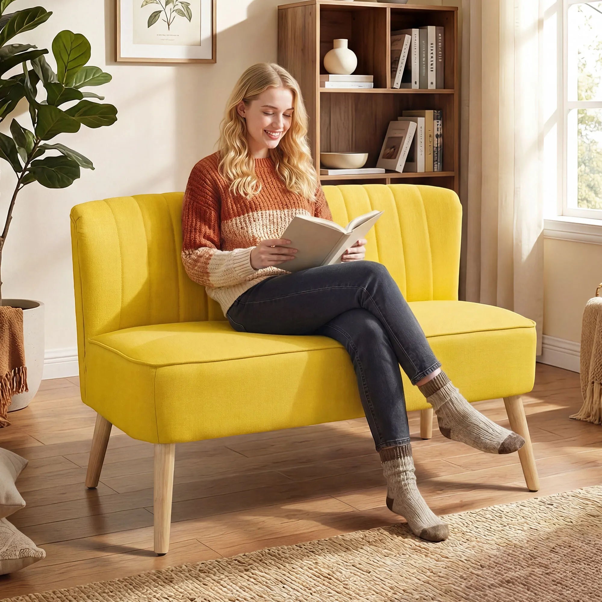 Dvivietė sofa, su paminkštinimu, iki 220 kg, 117 x 56,5 x 77 cm, geltona
