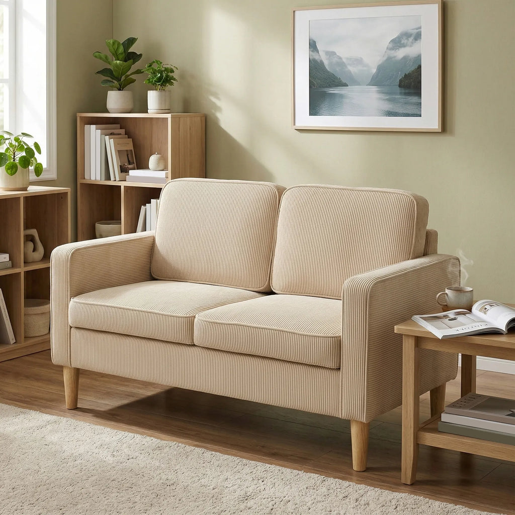 Smėlio spalvos sofa svetainėje su paveikslu ir knygų lentyna