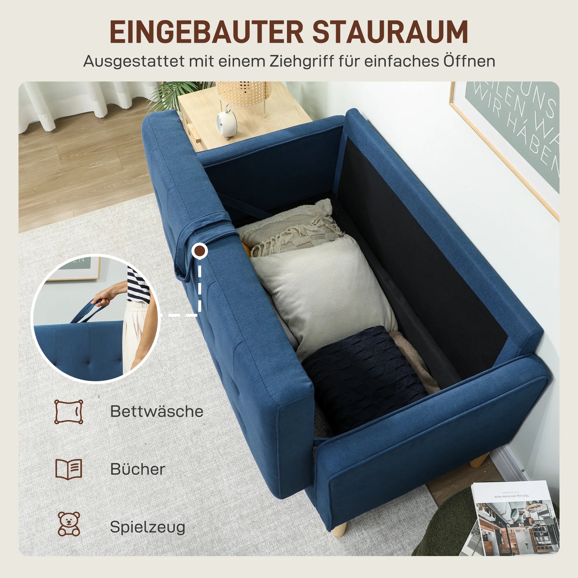 Dvivietė sofa su patalynės dėže, 117x62x78 cm, mėlyna