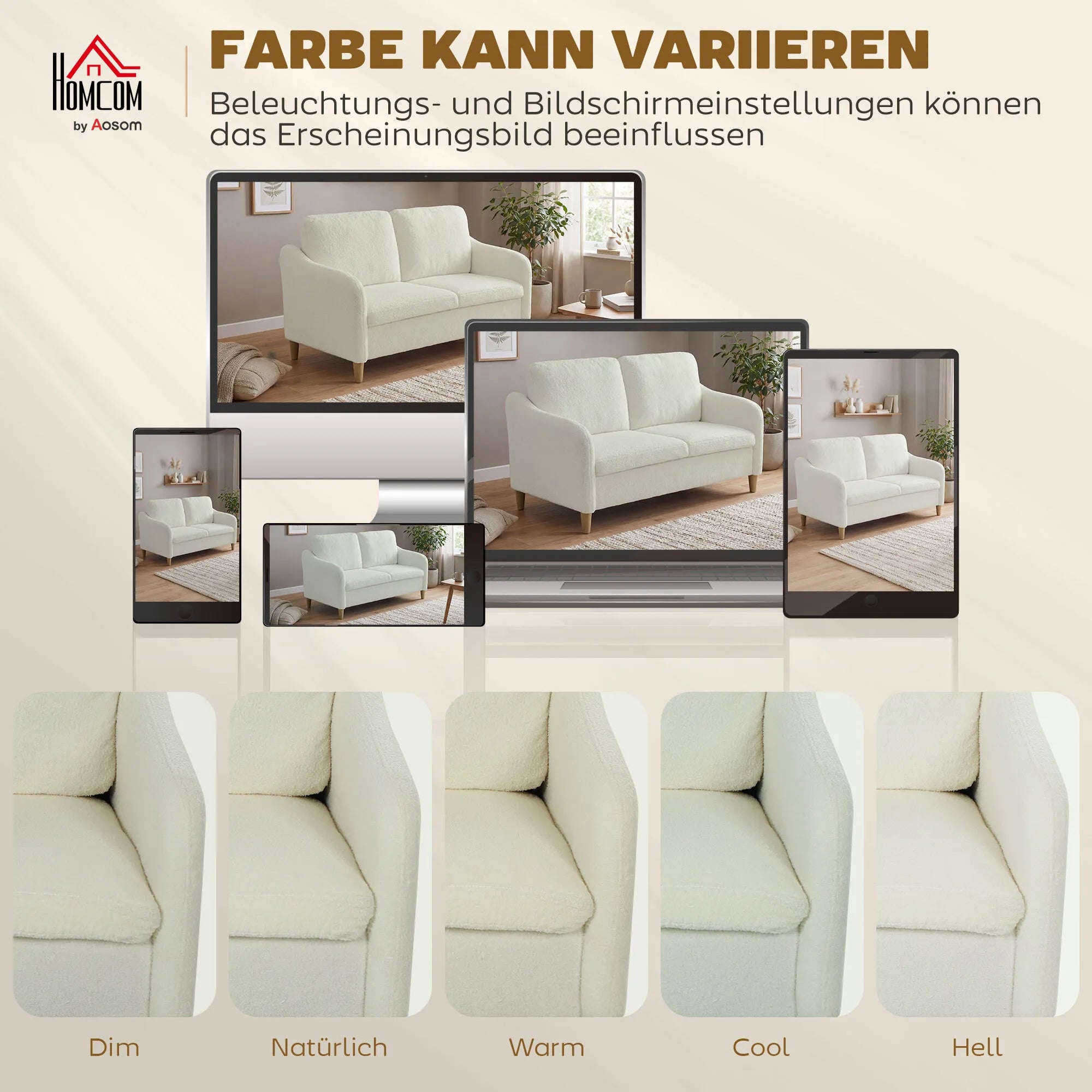 Dvivietė sofa su šerpa audiniu 137 cm, kreminė